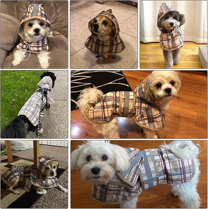 KOOLTAIL Dog Raincoat Hooded Slicker Poncho with Leash Hole, Raincoat for Small Medium Dogs, Waterproof Dog gie Rain Jacket with Reflective Strip, Adjustable Breathable Plaid Puppy Rainwear-Beige