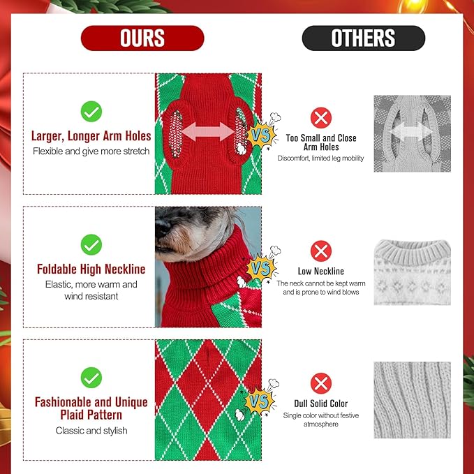 KOOLTAIL Christmas Sweater - Knit Turtleneck Cold Weather Sweater for Small Medium Large Dogs, Red and Green Plaid Pullover Knitwear Winter Warm Clothes for Puppies, Girls Boys S