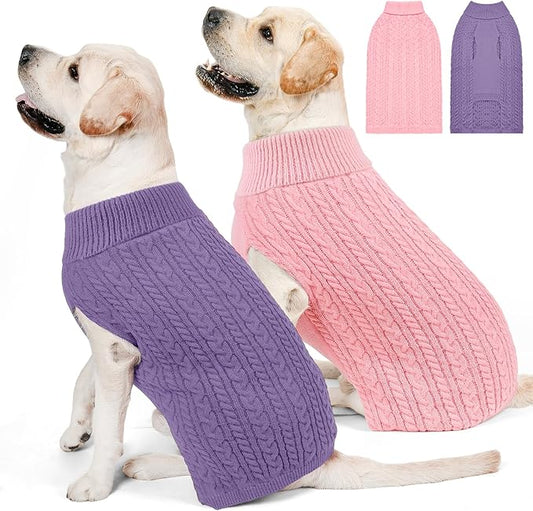 2 Pack Dog Sweaters for Big Dogs Turtleneck Pullover Cable Knit Large Size Stretch Clothes Pitbull Labrador Bulldog Doberman Boy Girl Pets Winter Clothes (XXL, Pink & Purple)
