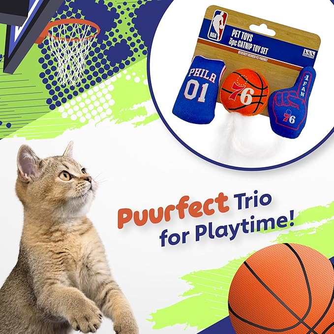 Best Plush CAT Toy - NBA 76ERS Complete Set of 3 Piece Cat Toys Filled with Fresh Catnip. Includes: 1 Jersey Cat Toy, 1 Basketball Cat Toy with Feathers & 1#1 Fan Cat Toy. Beautiful Team Logos