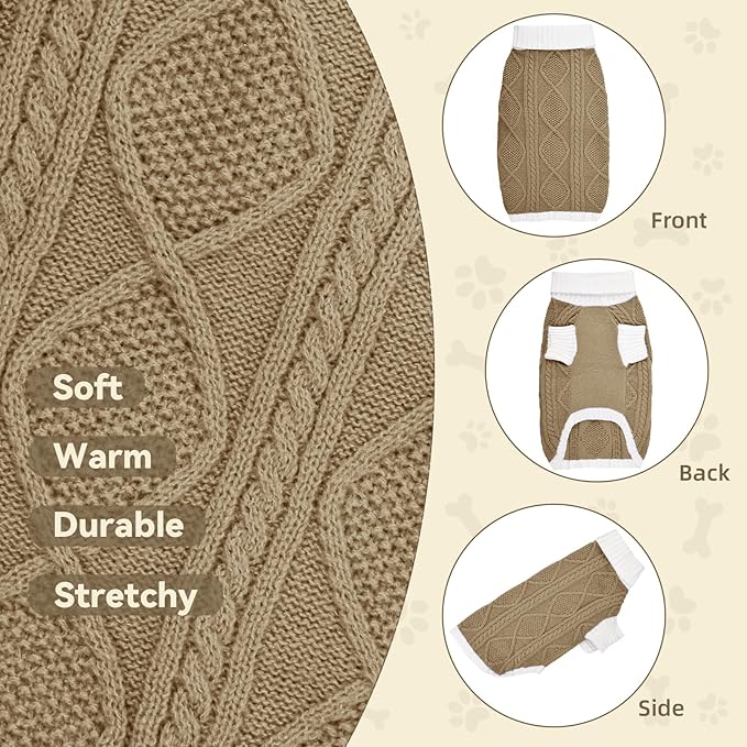 Dog Sweater for Medium Dogs Argyle Cable Knit Turtleneck Pullover Winter Clothes Boys Girls French Bulldog Dachshund Corgi Beagle Pug Pet (M, Brown)