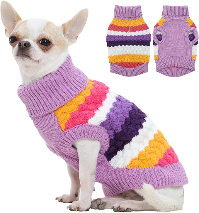 Kuoser Dog Sweater, XS Dog Sweater Pet Cable Knitted Pullover Warm Clothes, Puppy Turtleneck Classic Knitwear Soft Thickening Christmas Outfit, Cold Weather Thermal Wear for Small Dogs, Purple XS
