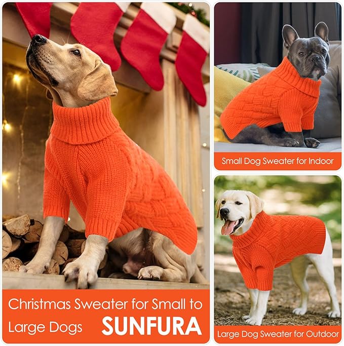 SUNFURA XS Dog Sweater, Small Dog Sweater Doggie Knitted Knitwear for Winter, Cat Pullover Christmas Sweatshirt for Yorkie Chihuahua, Warm Thick Turtleneck Clothes for Puppy, Orange X-Small