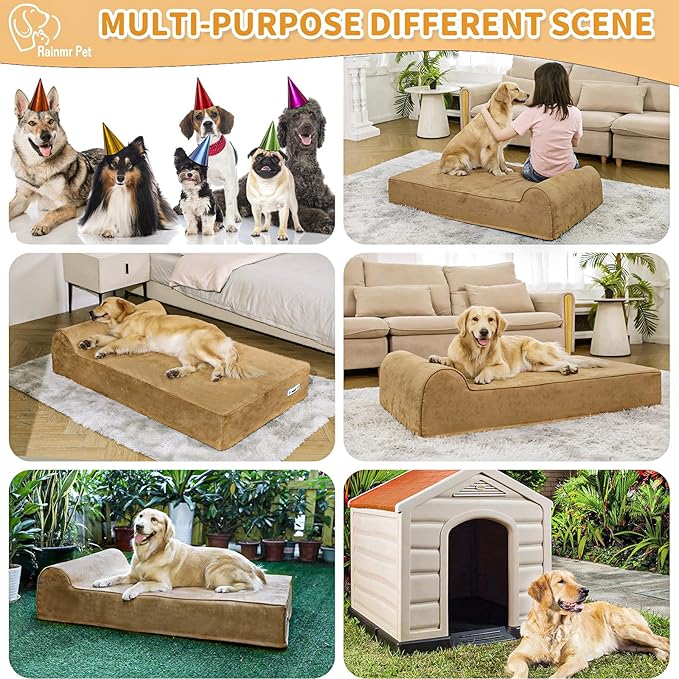 Orthopedic Dog Beds for Large Dogs, 7" Memory Foam Dog Beds with Waterproof Liner, Chew Proof Microsuede Cover, Removable and Washable, Nonskid Bottom, 48"x30"x7" L Khaki