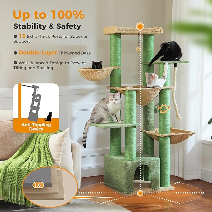 Cactus Cat Tree for Large Indoor Cats – 67" Tall Cat Tower with 13 Thick (φ4.3in) Scratching Posts, Spacious Top Bed, Metal Frame & Cozy Hammocks, Ideal for Maine Coon (Up to 20 lbs) - Green