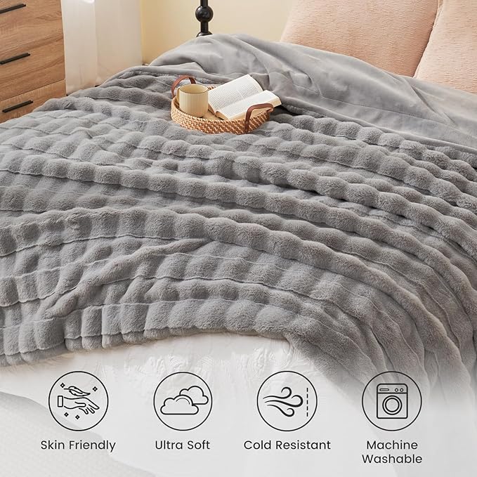 Cozy Bliss Fluffy King Size Throw Blankets for Bed,Warm Cozy Soft Grey Faux Fur Throw Blankets for Sofa Bedroom Living Room,108x90 Inches