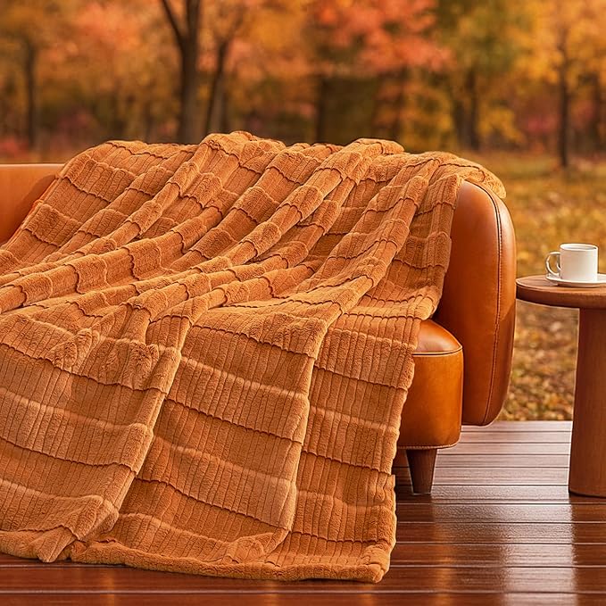 Amélie Home Luxury Striped Faux Fur Throw Blanket for Couch, Soft Cozy Fuzzy Fluffy Soft Plush Blankets Sofa Chair Gift Blankets for Women, 60"x80", Brown