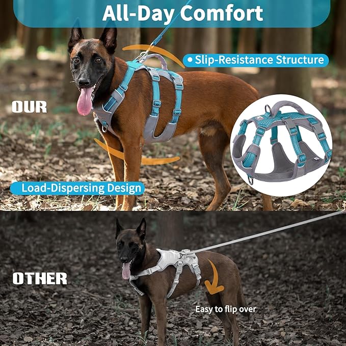 Huntboo Reflective Dog Harness with Handle, Escape Proof, No Slip, Breathable, Lightweight, Adjustable Lift Harness for Small, Medium, and Large Dogs Walking, Training, and Running Gear(Teal Blue,L)