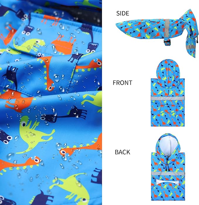 NACOCO Large Dog Raincoat Adjustable - Pet Dinosaurs Water Proof Clothes Lightweight Rain Jacket Poncho Hoodies with Strip Reflective Blue (M, Blue Dinosaur)