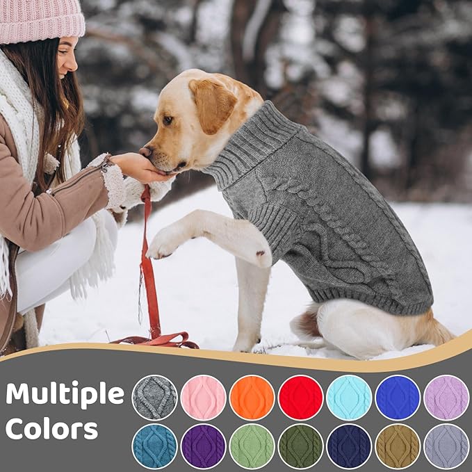 Queenmore Small Dog Pullover Sweater, Cold Weather Cable Knitwear, Classic Turtleneck Thick Warm Clothes for Chihuahua, Bulldog, Dachshund, Pug (Slate Grey, Medium)