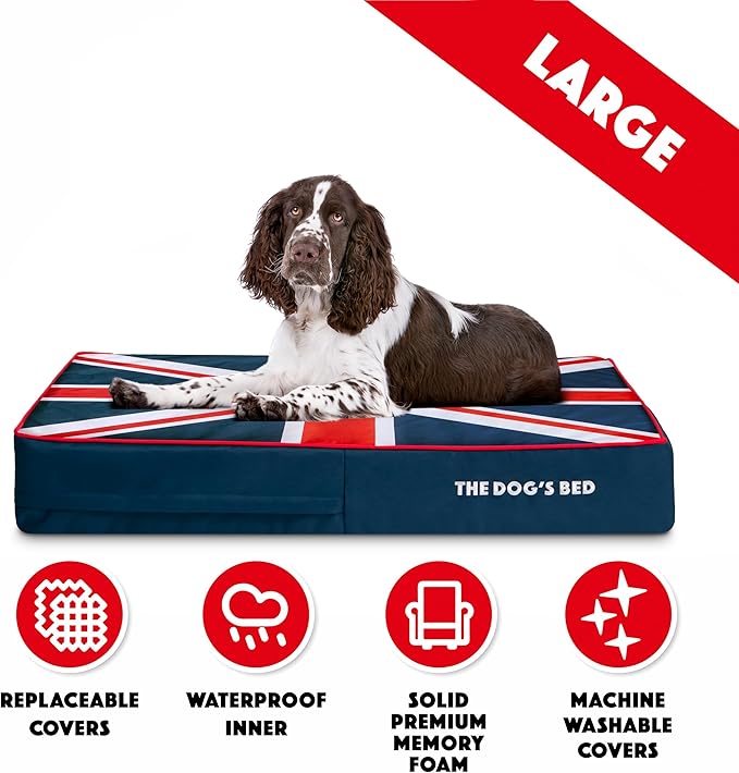 The Dog’s Bed Orthopedic Memory Foam Dog Bed, Large Blue & Red Trim UK Center Flag, Pain Relief for Arthritis, Hip & Elbow Dysplasia, Post Surgery, Supportive, Calming, Waterproof Washable