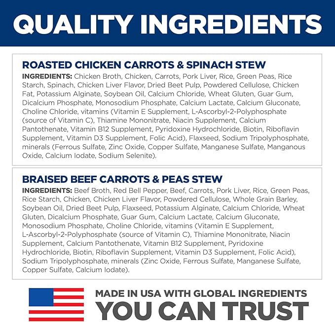 Hill's Science Diet Healthy Cuisine, Adult 1-6, Great Taste, Wet Dog Food, Variety Pack: Roasted Chicken, Carrots & Spinach; Braised Beef , Carrots & Peas Stew, 12.5 oz Can Variety Pack, Case of 12