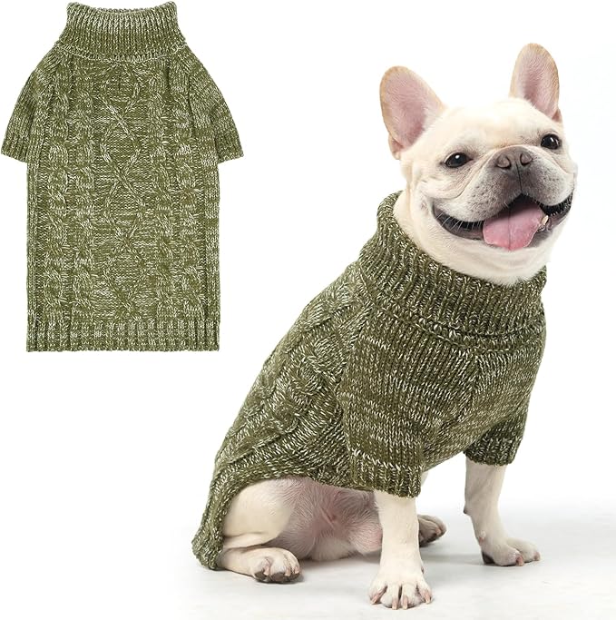 KOOLTAIL Thermal Knitted Dog Sweater for Small Medium Large Dogs, Turtleneck Cable Knit Doggy Winter Coat Warm Clothes Sweatshirt Outfits for Cold Weather, Pullover Pet Jumper for Puppy Cats Green L