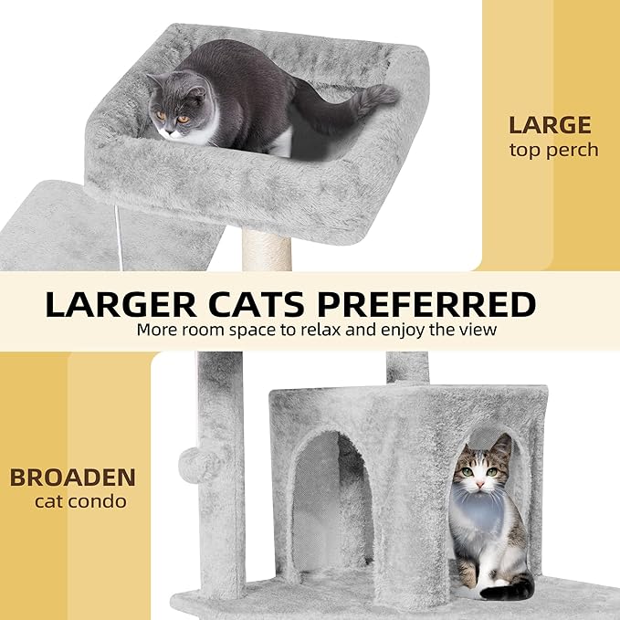 Cat Tree 54-Inch Cat Tower with Padded Plush Perch 2 Comfy Caves, Scratching Posts, Basket, 2 Pompoms, Multi-Level Plush Cat Condo for Indoor Cats Kittens, Light Gray
