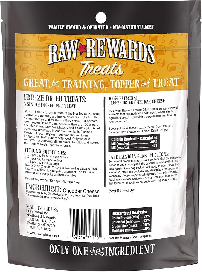Northwest Naturals Raw Rewards Freeze-Dried Cheddar Cheese Treats for Dogs and Cats - Bite-Sized Pieces - Healthy, 1 Ingredient, Human Grade Ingredients, Natural, Proudly Made in USA, 6 Oz (Pack of 3)