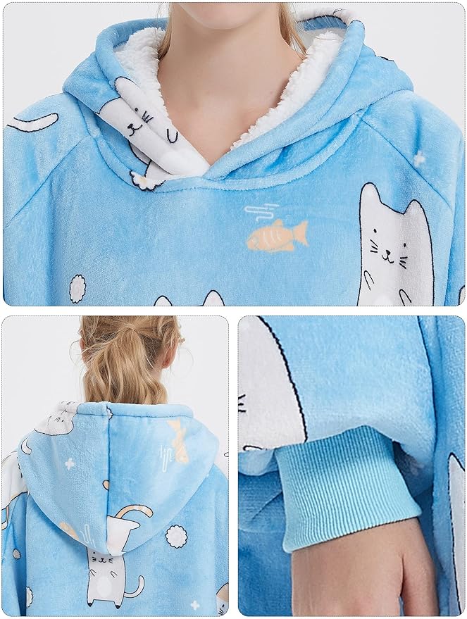 KFUBUO Wearable Blanket Hoodie for Adults Sherpa All Patterns Blue Cat Oversized Sweatshirt Blanket with Pockets Cute Gifts for Women