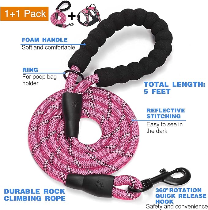 No Pull Harness with A Free Heavy Duty 5ft Leash for Medium Large Dog Adjustable Reflective Oxford Easy Control (L (Neck: 18"-25.5", Chest: 25.5"-31"), Pink Harness+Leash)