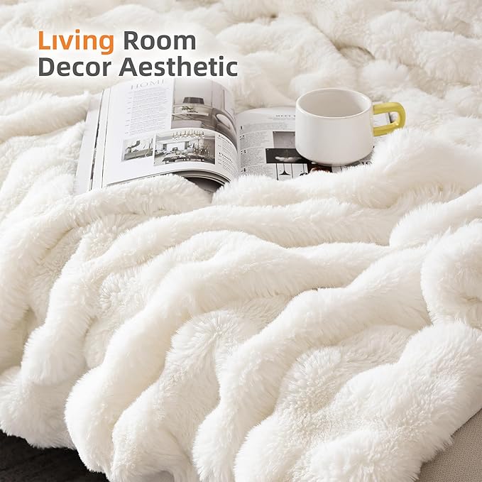 Smoofy Faux Fur Throw Blanket for Couch – Cream White Fluffy Cozy Rabbit Fleece, Plush Soft Bubble Blanket for Sofa & Bed, for Mom, Warm Fuzzy Home Room Decor Throw 50" x 60"