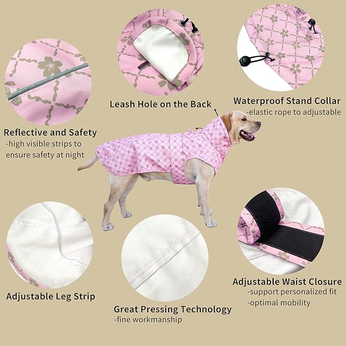 Adjustable Waterproof Dog Raincoat for Dogs,Lightweight Pet Rain Jacket Puppy Clothes with Reflective Strip for Small Medium Large Dogs(3X-Large,Gold Cheery Blossoms Pink)