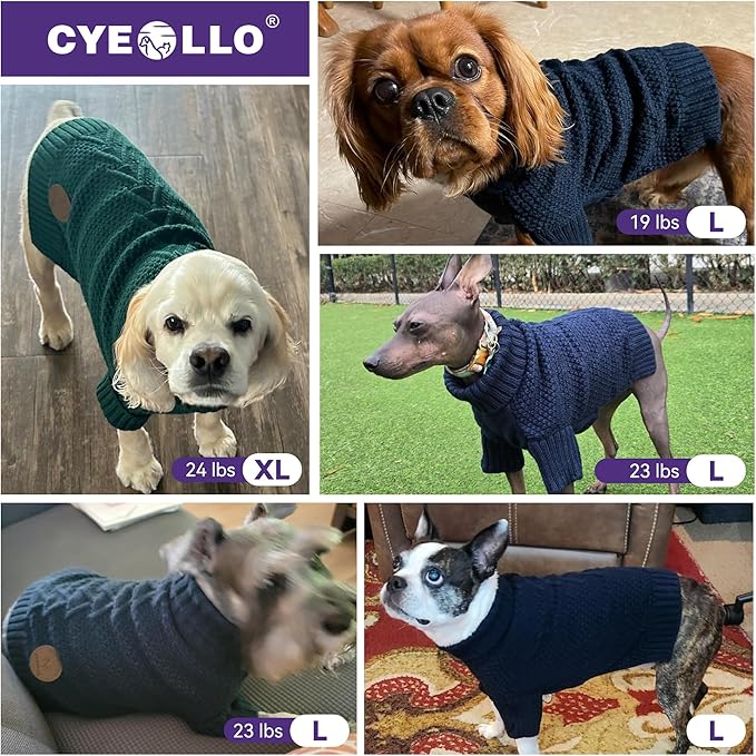 cyeollo Turtleneck Dog Sweater Knitted Cable Sweaters with Leash Hole Winter Pet Clothes Pet Small Dog Sweaters, Grey XL