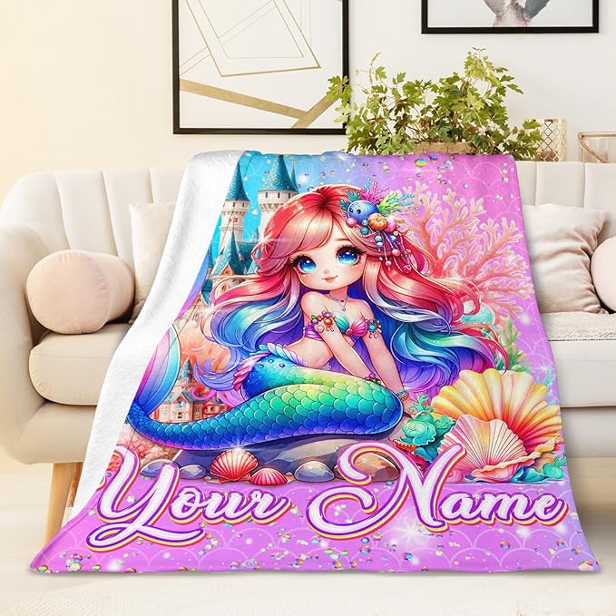 Girls Blanket Personalized Mermaid Throw Gift for Kids Teens Mermaid Lovers - 60x80 Inches Soft Warm Cute Custom Throw Blankets for Sofa Couch Bed Travel