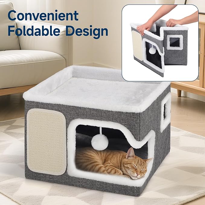 Cat Beds for Indoor Cats, Large Cat Cave with Cozy Hideout, Scratch Pad, Fluffy Ball Hanging, Foldable Cat Hideaway Hold Up to 30LBS, Indoor Cat House with Reversible Soft Cushions for All Seasons