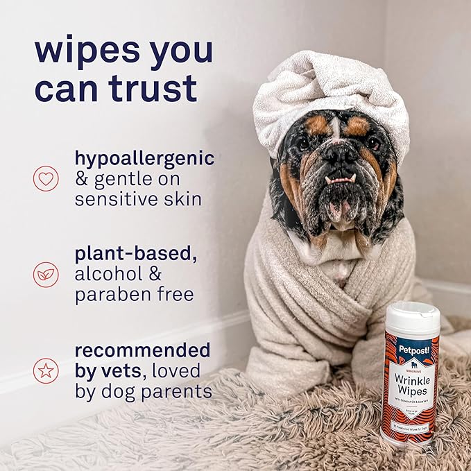 Petpost Large Wrinkle Wipes for Dogs | 60 Count 5x7 Dog Face & Wrinkle Cleaner | Gentle Pet Wipes with Coconut Oil & Aloe for Bulldogs, Pugs & Wrinkly Breeds | Dog Cleaning Wipes