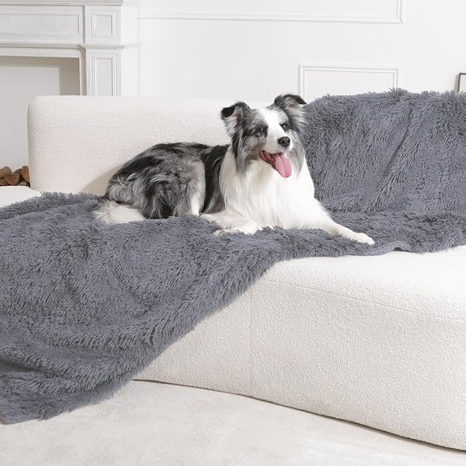 gogobunny Waterproof Dog Blanket for Large Dogs, Cats, Puppy, Reversible Faux Fur Pet Throw Blanket, Washable, Calming Furniture Protection for Sofa Bed (50x60 Inch (Pack of 1), Light Grey)