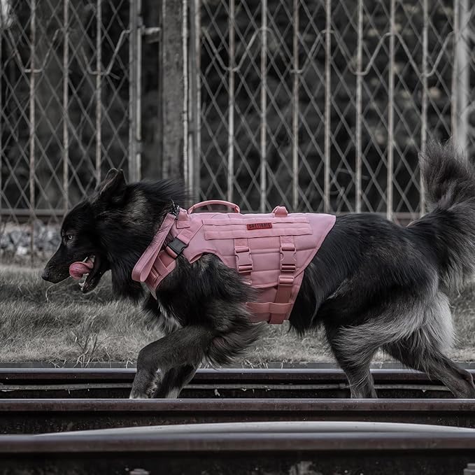 OneTigris Large Tactical Dog Harness, No Pulling Adjustable Dog Vest Harness, Heavy Duty Dog Harness with Handle, Large Hook and Loop Panels for Patch(Pink,M