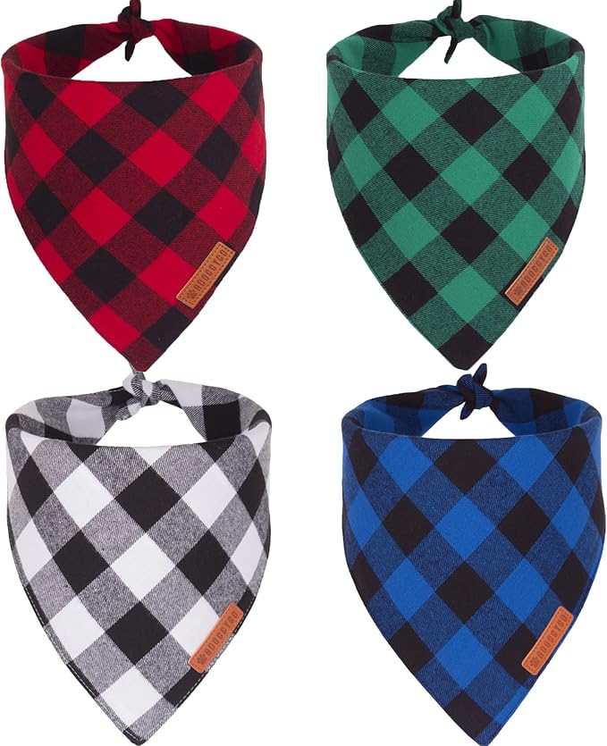 ADOGGYGO 4 Pack Dog Bandana Christmas Classic Plaid Bandana Scarf, Multiple Sizes Offered, Blue White Green Red Plaid Bandana for Large and X-Large Dogs (X-Large)