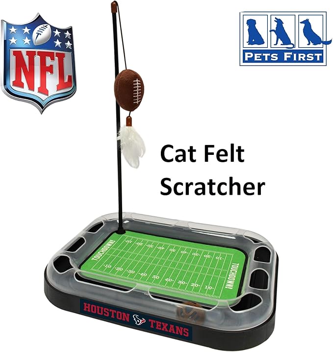 Pets First Catnip Toy HOUSTON TEXANS FOOTBALL FIELD CAT SCRATCHER TOY with CATNIP Filled Plush FOOTBALL Toy & Feather Cat Toy hanging, with Jingle Bell INTERACTIVE BALL Cat Chasing 5-in-1 KITTY Toy