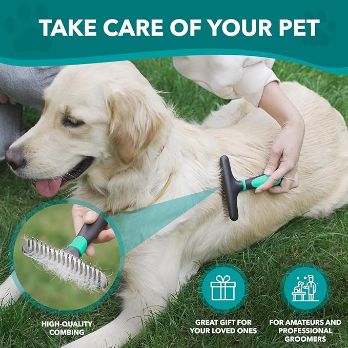 Deshedding Brush Comb - Undercoat Rake for Dogs, Cats, Short, Long Hair Coats - Double Row Stainless Steel Pins - Reduce Shedding by 90% (Green)