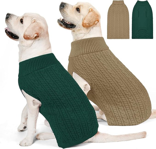 2 Pack Dog Sweaters for Big Dogs Turtleneck Pullover Cable Knit Large Size Stretch Clothes Pitbull Labrador Bulldog Doberman Boy Girl Pets Winter Clothes (XL, Green & Brown)