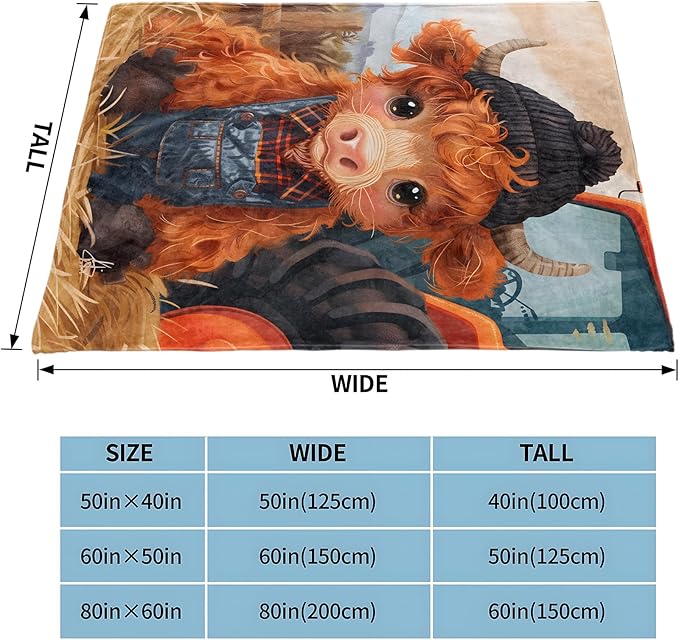 Highland Cow Gifts, Cow and Tractor Farm Blanket for Adults Women Kids, 50x60 in, Cozy Fuzzy Warm Soft Throw Blankets for Bedroom, Camping, Couch, Decor