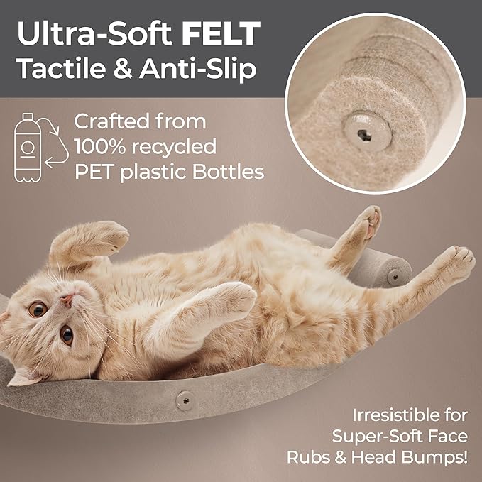 Wall Mounted Cat Hammock Bed by Pryde Pets - Floating Perch Curved Shelf, 100% Sustainable PET Felt Feline Enrichment Climber Furniture for Indoor Cats, Modern Climbing Gym Jungle Design (Oatmeal)