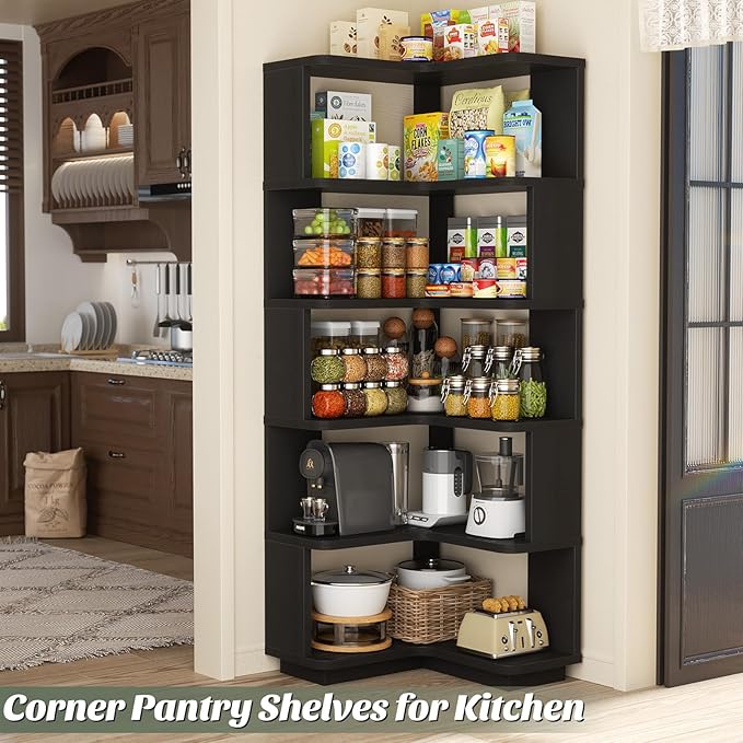 Armocity Corner Book Shelf - 6 Tier Corner Bookshelf Etagere Bookcase with Baffle, Freestanding L Shaped Display Shelf Stand for Home Office, Living Room, Bedroom, Kitchen, Black