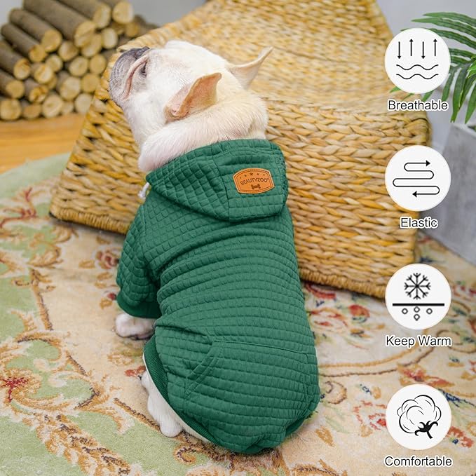 BEAUTYZOO Small Dog Hoodie Sweater with Pockets, Dog Clothes for Small Medium Dogs Boy Girl, Waffle-Like Laminated Cotton Pet Coats with Hat and Leash Hole, Green XL