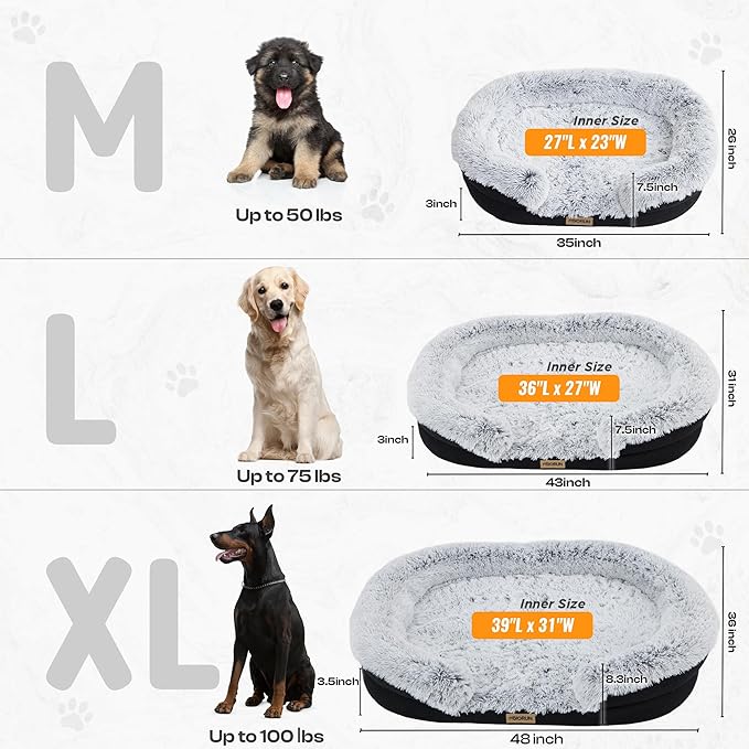 Fluffy Orthopedic Dog Bed for Small & Medium Dogs, Calming Plush Sofa Bed with Curved Bolster Support and Egg-Crate Foam Base, 35" Cozy Oval Pet Donut Bed with Washable Cover, Gray