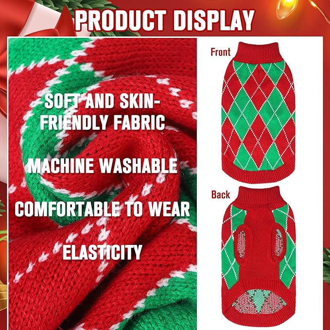 KOOLTAIL Christmas Sweater - Knit Turtleneck Cold Weather Sweater for Small Medium Large Dogs, Red and Green Plaid Pullover Knitwear Winter Warm Clothes for Puppies, Girls Boys S