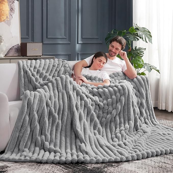 Cozy Bliss Faux Fur Throw Blanket for Couch, Cozy Warm Plush Striped Blanket for Sofa Bedroom Living Room, 108 * 90 Inches Gray