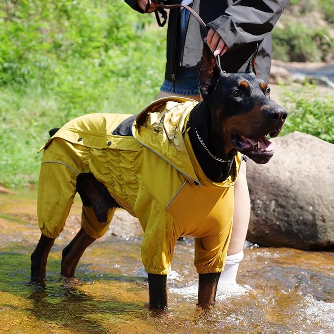 LOVELONGLONG Fleece-Lined Dog Raincoat with Removable Hood – Waterproof Winter Full Body Dog Jacket – Windproof Snowproof Cold-Weather Suit – Yellow-F 4XL