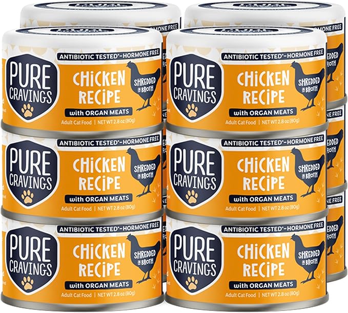 Pure Cravings Chicken Recipe in Broth, Shredded Wet Cat Food, Grain-Free Protein, Non-GMO, 12 Pack
