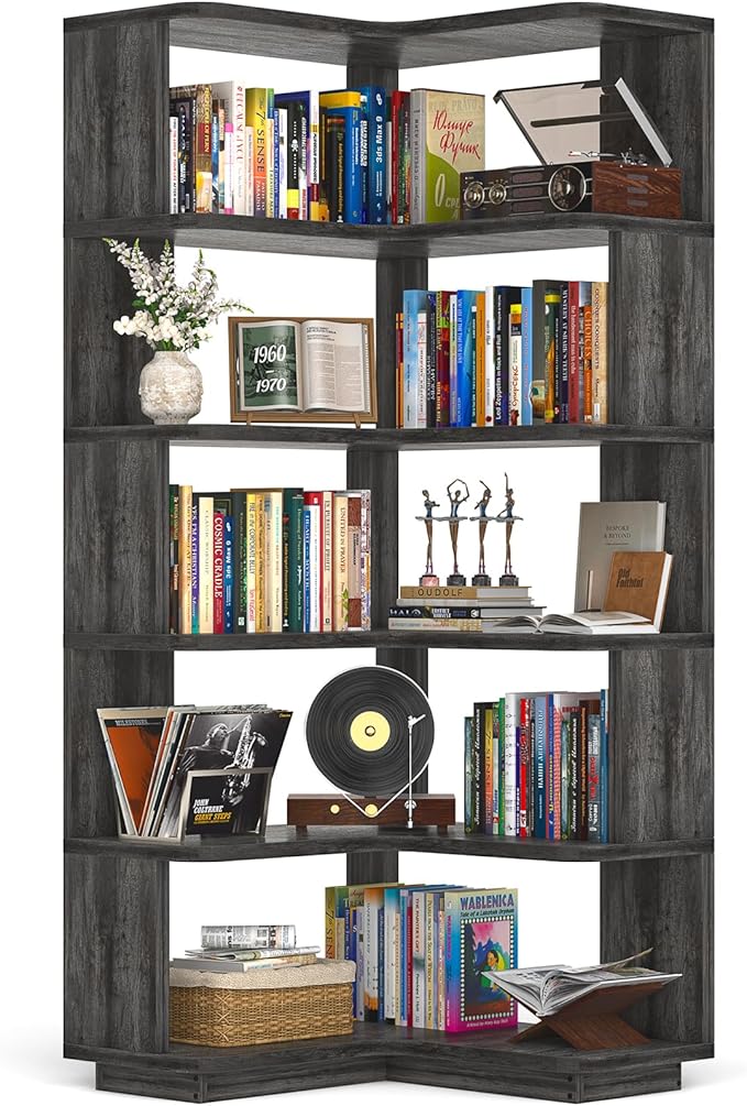 Armocity Corner Book Shelf - 6 Tier Corner Bookshelf Etagere Bookcase with Baffle, Freestanding L Shaped Display Shelf Stand for Home Office, Living Room, Bedroom, Kitchen, Grey Oak