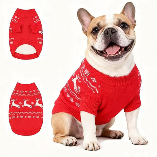 Christmas Medium/Large Dog Sweater, Warm Dog Winter Coat w/Sleeves & Leash Hole, Comfy Stretch Premium Dog Clothes for Bulldog-Best for Holidays, Daily Walks L Red