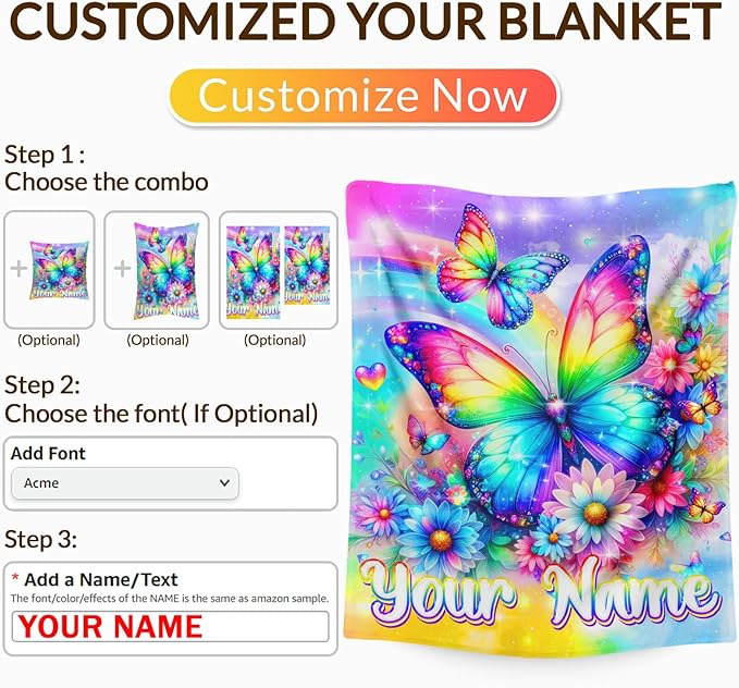 Girls Personalized Blanket Butterfly Throw Blankets Gift for Toddler Kids, 40x50 Inches Soft Cozy Cute Custom Throw for Sofa Couch Living Room Bed