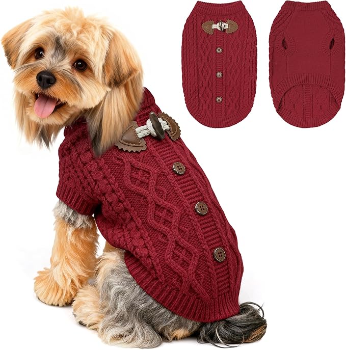 WOYYHO Cozy Pullover Dog Sweaters for Small Dogs, Cable Knit with Cow Horn Buttons, Warm Round Neck Winter Clothes for Puppy Chihuahua Yorkie, Red L