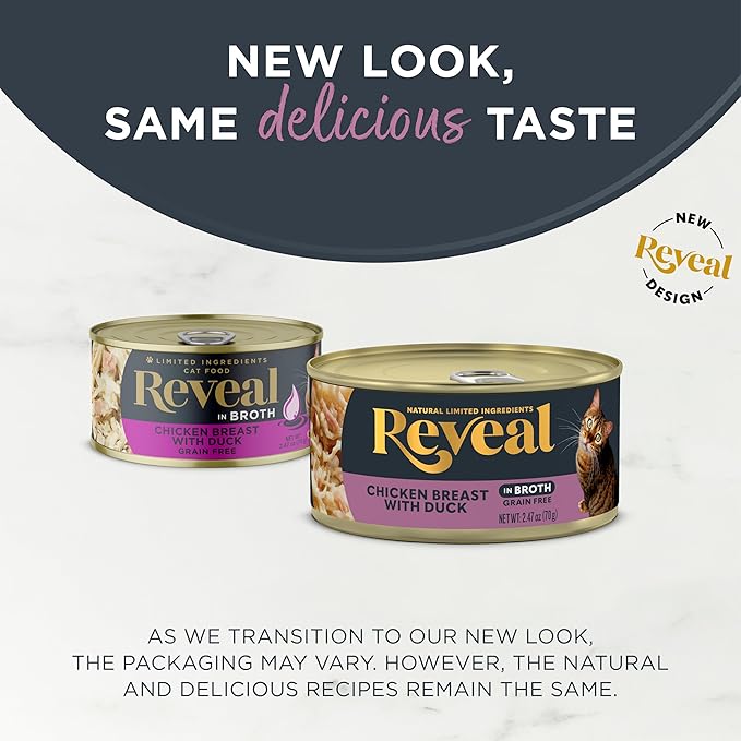 Reveal Natural Wet Cat Food, 24 Count, Grain Free, Limited Ingredient Canned Food for Cats, Chicken Breast with Duck in Broth, 2.47 oz Cans
