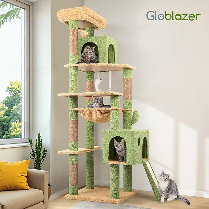 Globlazer Cactus Cat Tree Tower, 70inch Heavy Duty Cat Tree for Indoor Cats Sturdy Large Cat Tower with Scratching Post and Scratching Board, Hammock, Cat Condo for Adult Cats Kittens, F70 Pro, Green