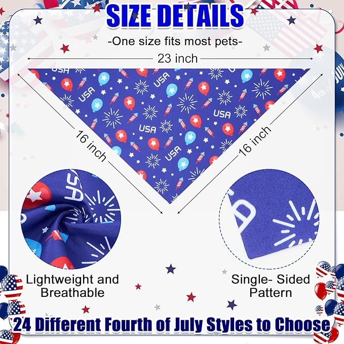 Sanwuta 48 Pcs 4th of July Dog Bandanas for Pets Dog Bandanas Gifts Independence Day Scarf Washable Triangle American Flag Patriotic Puppy Bibs Adjustable Kerchief for Pet Accessories Washable Scarves