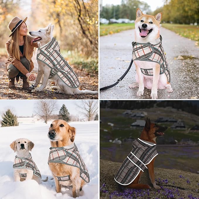 Dog Rain Coat for Large Dogs Waterproof Hooded Rain Jacket with Reflective Strips Leash Hole & Poncho Adjustable Fit (Plaid,XL)